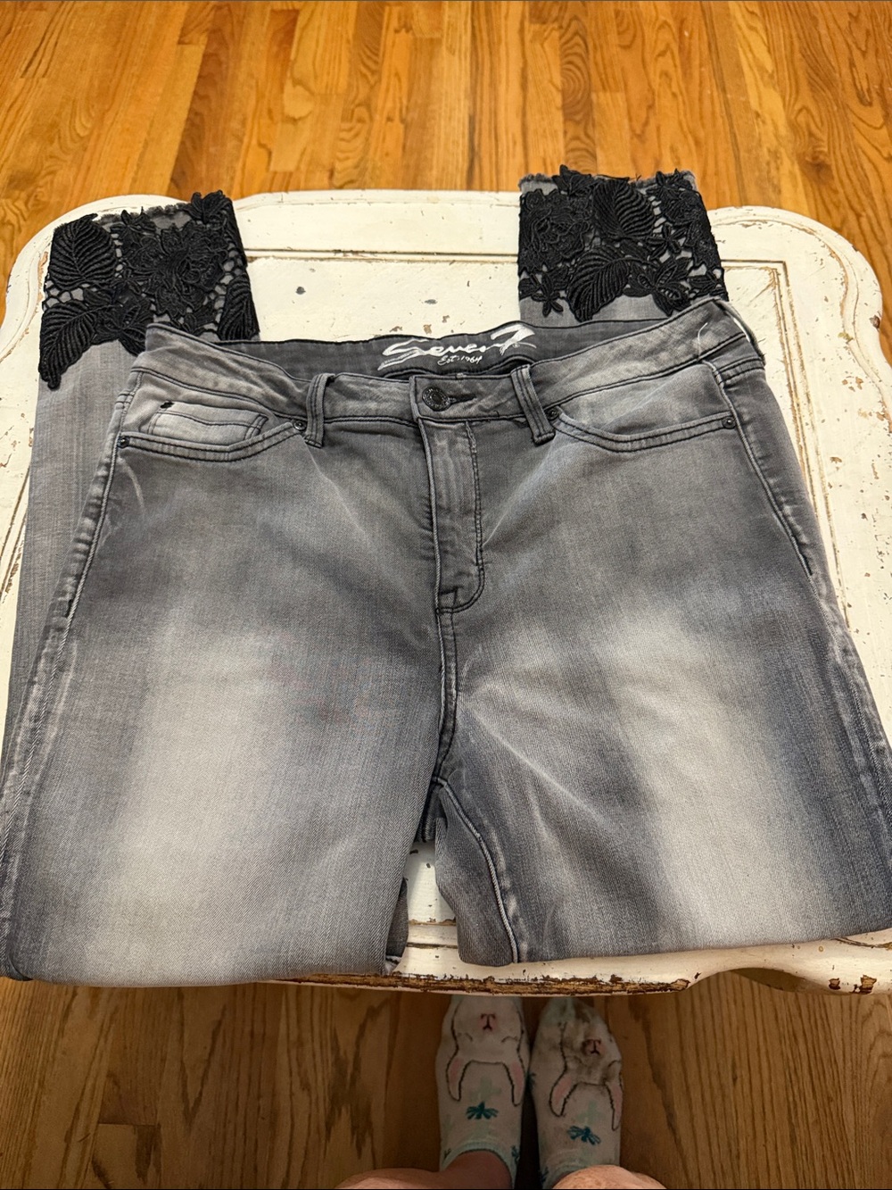 Seven7 Women's Grey Faded Skinny Jeans with Black Lace Hem